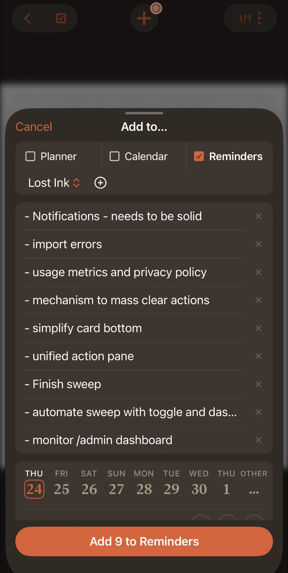 The Add to sheet: the nine to-dos, transcribed, with Planner, Calendar and Reminders options and an Add 9 to Reminders button.