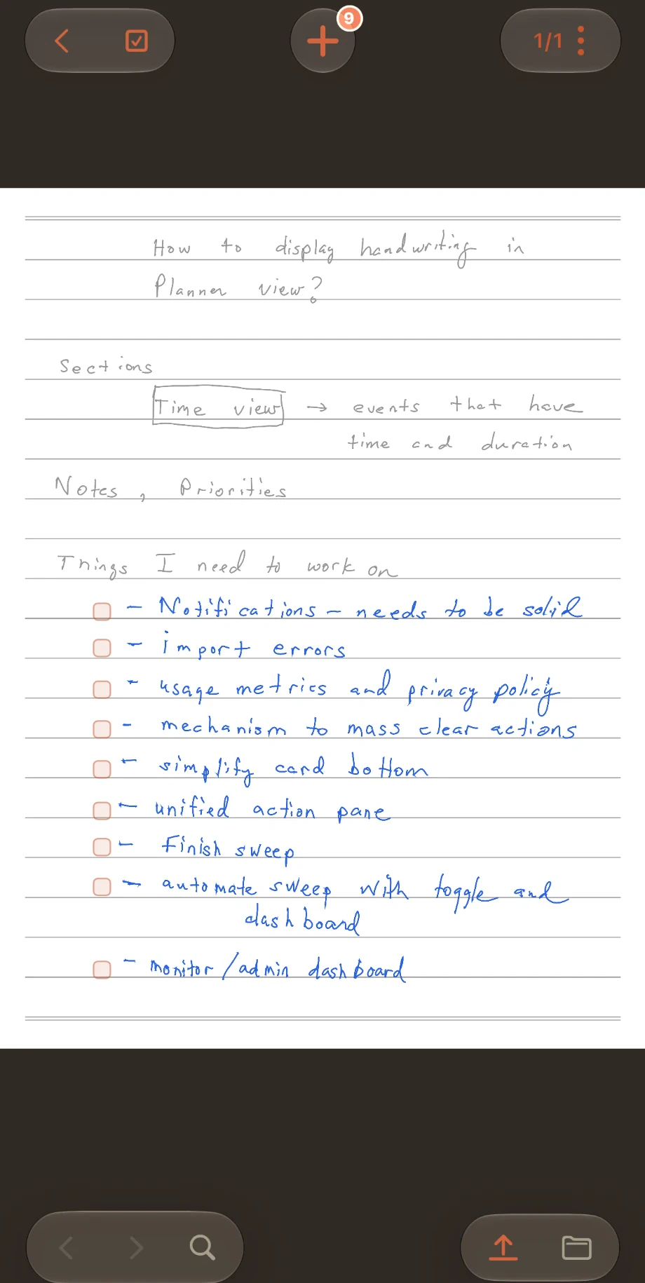 A handwritten page in Lost Ink with a checkbox beside each of the nine to-dos it found.