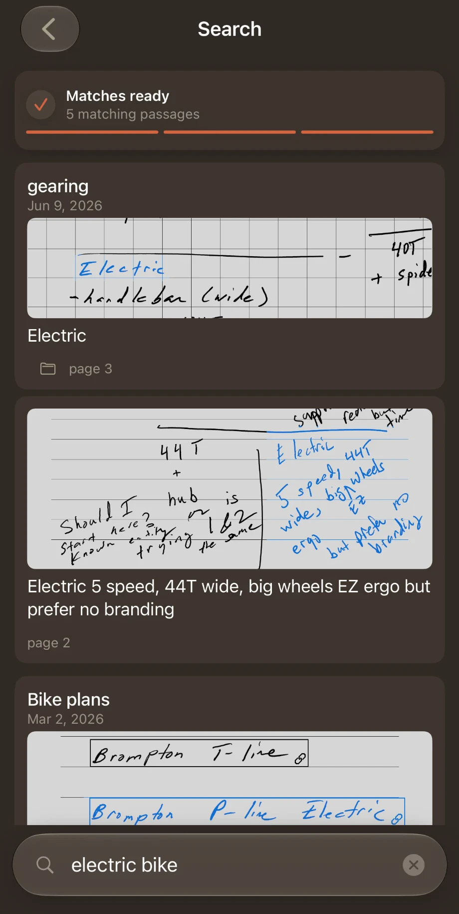 Lost Ink search for “electric bike”: results show handwritten notes, including “Electric 5 speed, 44T wide, big wheels, EZ ergo but prefer no branding.”